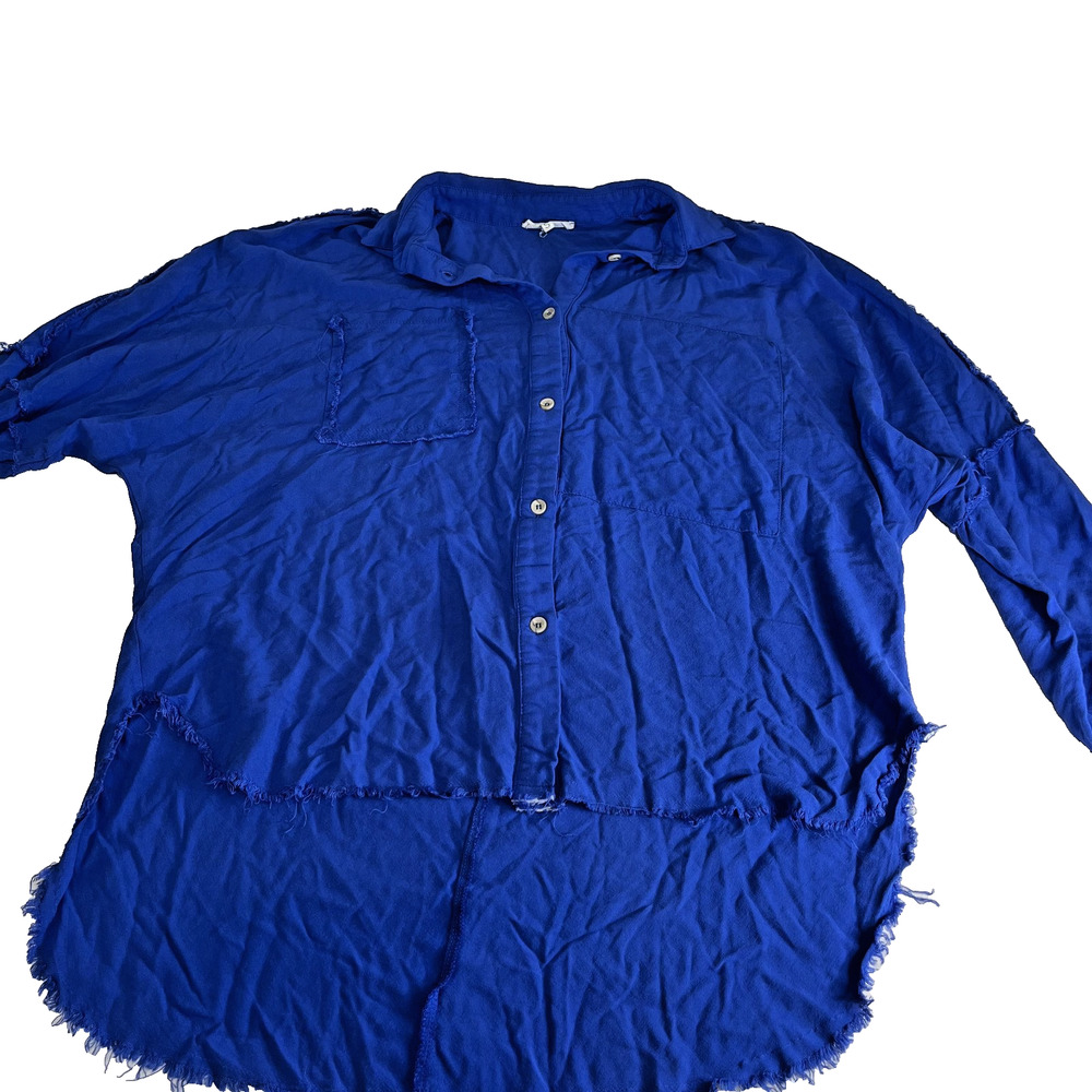 Aemi + Co Button Up Shirt Women S Blue Oversized Raw Hem